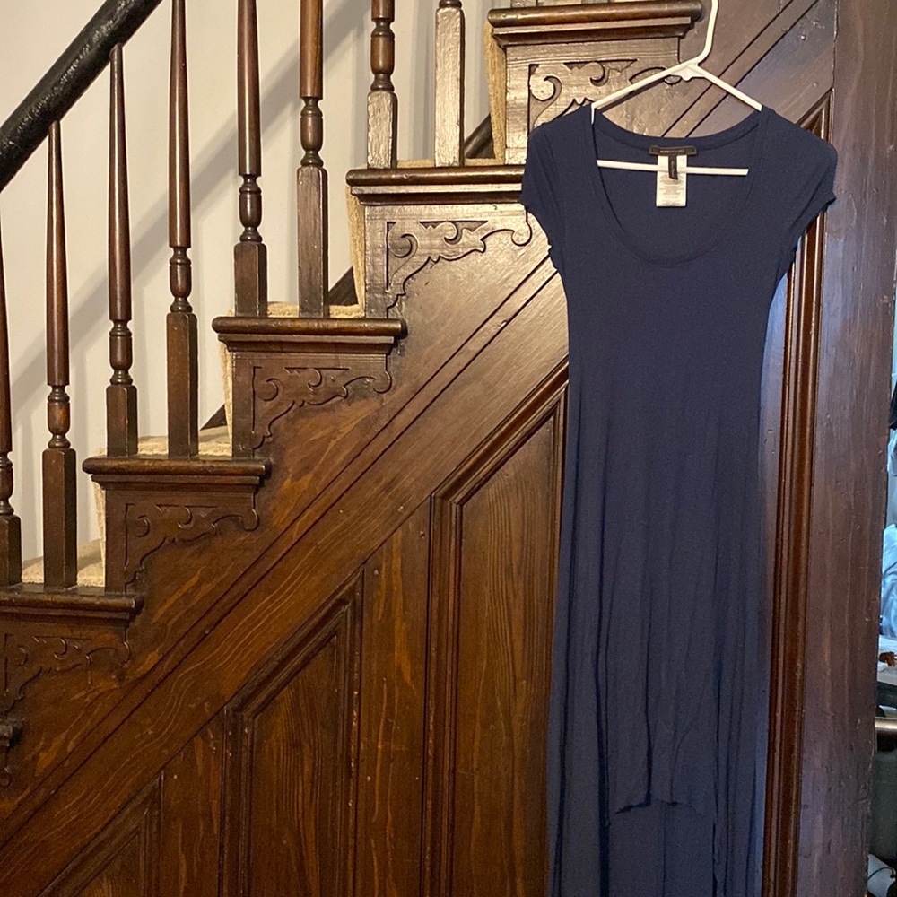 Maxi, asymmetrical navy blue, cotton dress with open back.